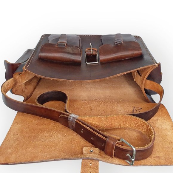 Vintage Leather Messenger Laptop Crossbody Bag Rawhide Brown Old World Large - Picture 12 of 12